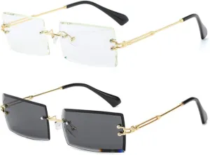 LASPOR 2 Pack Rectangle Rimless Sunglasses for Men Women Vintage Retro Square Gold Metal Frameless Glasses Tinted Lens