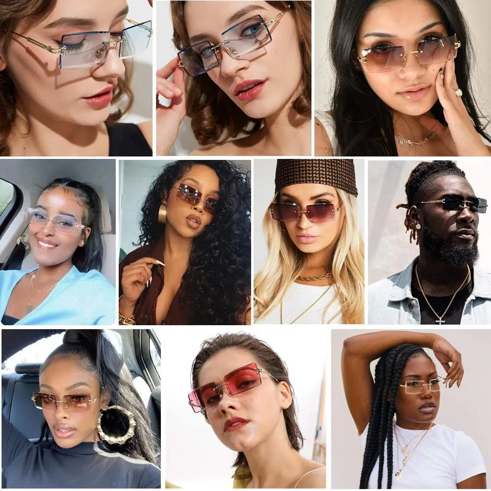 LASPOR 2 Pack Rectangle Rimless Sunglasses for Men Women Vintage Retro Square Gold Metal Frameless Glasses Tinted Lens