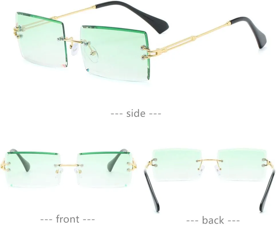 LASPOR 2 Pack Rectangle Rimless Sunglasses for Men Women Vintage Retro Square Gold Metal Frameless Glasses Tinted Lens