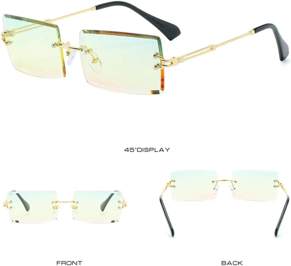 LASPOR 2 Pack Rectangle Rimless Sunglasses for Men Women Vintage Retro Square Gold Metal Frameless Glasses Tinted Lens