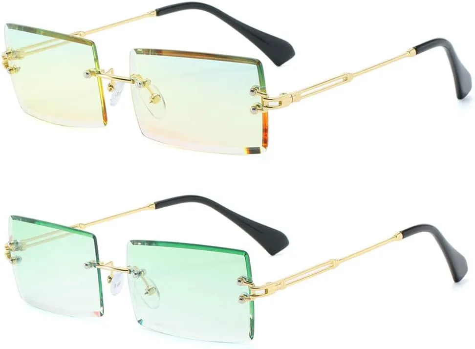 LASPOR 2 Pack Rectangle Rimless Sunglasses for Men Women Vintage Retro Square Gold Metal Frameless Glasses Tinted Lens