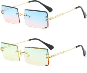 LASPOR 2 Pack Rectangle Rimless Sunglasses for Men Women Vintage Retro Square Gold Metal Frameless Glasses Tinted Lens
