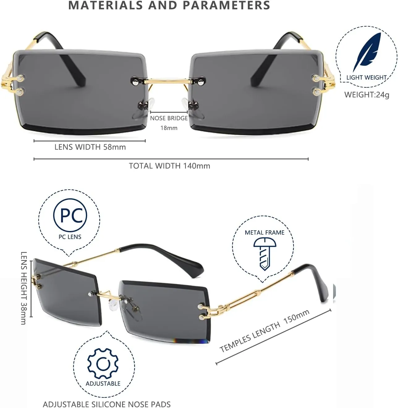 LASPOR Retro Rimless Rectangle Sunglasses for Women Men Tinted Lens Gold Metal Frameless Vintage Square Glasses