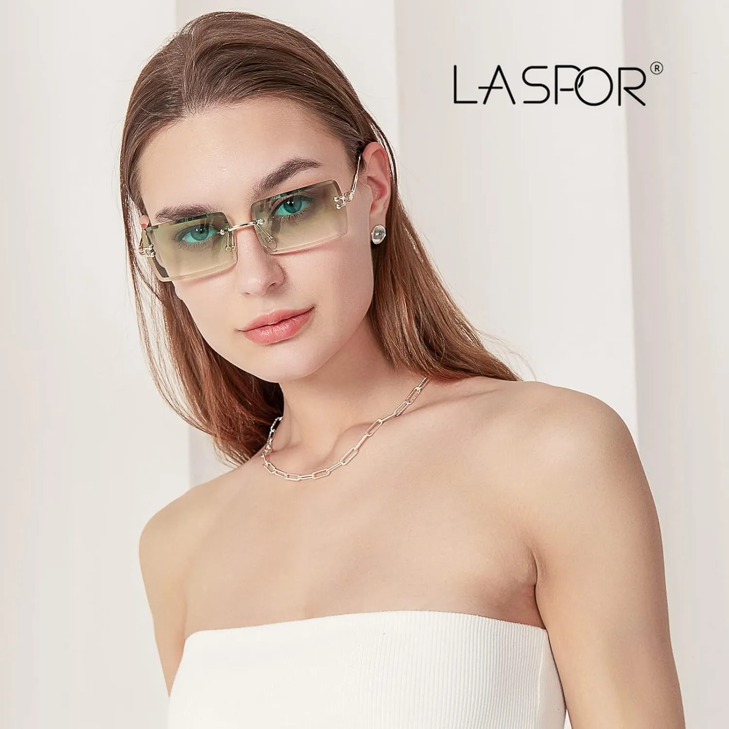 LASPOR Retro Rimless Rectangle Sunglasses for Women Men Tinted Lens Gold Metal Frameless Vintage Square Glasses