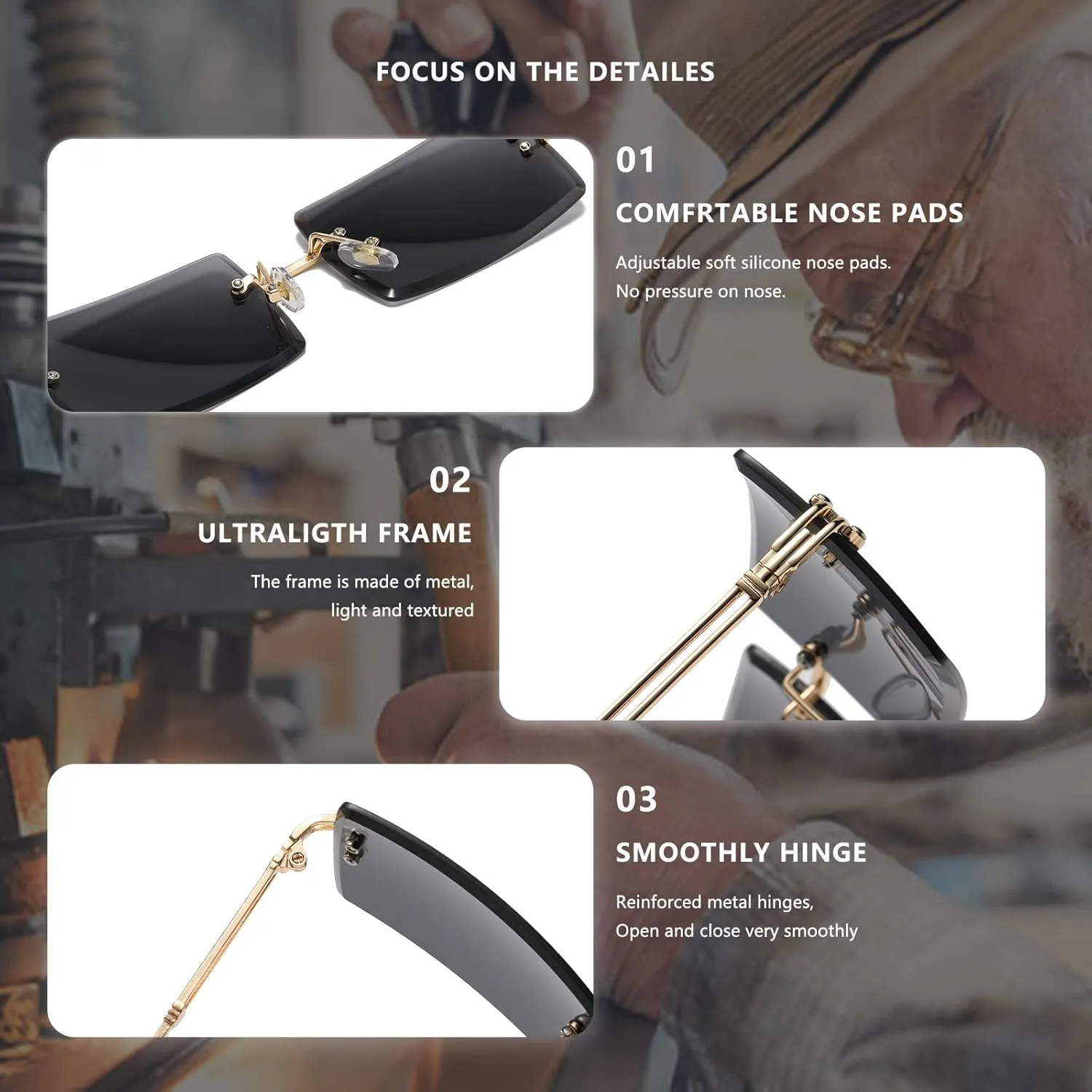 LASPOR Retro Rimless Rectangle Sunglasses for Women Men Tinted Lens Gold Metal Frameless Vintage Square Glasses