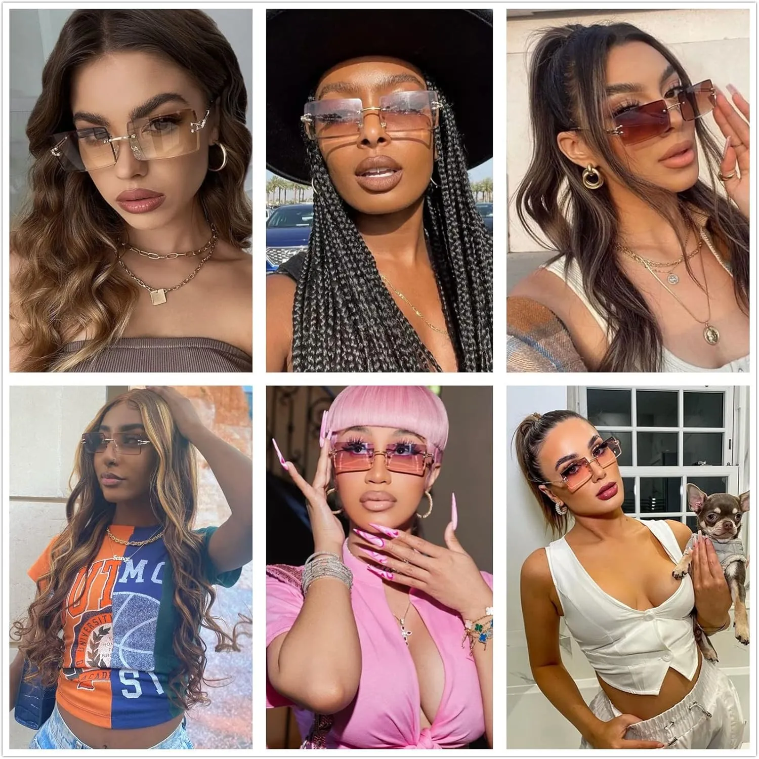 LASPOR Retro Rimless Rectangle Sunglasses for Women Men Tinted Lens Gold Metal Frameless Vintage Square Glasses