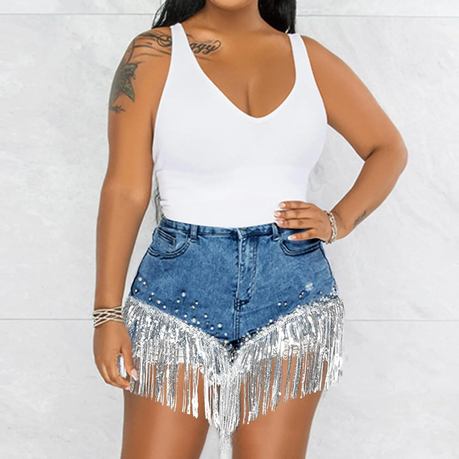 LifeShe Women Denim Short Rhinestone Pearl Beaded Fringe Tassel Jean Short