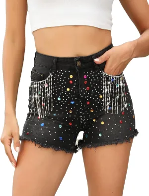 LifeShe Womens Rhinestone Denim Shorts High Waisted Skinny Jean Short Frayed Raw Hem Shorts