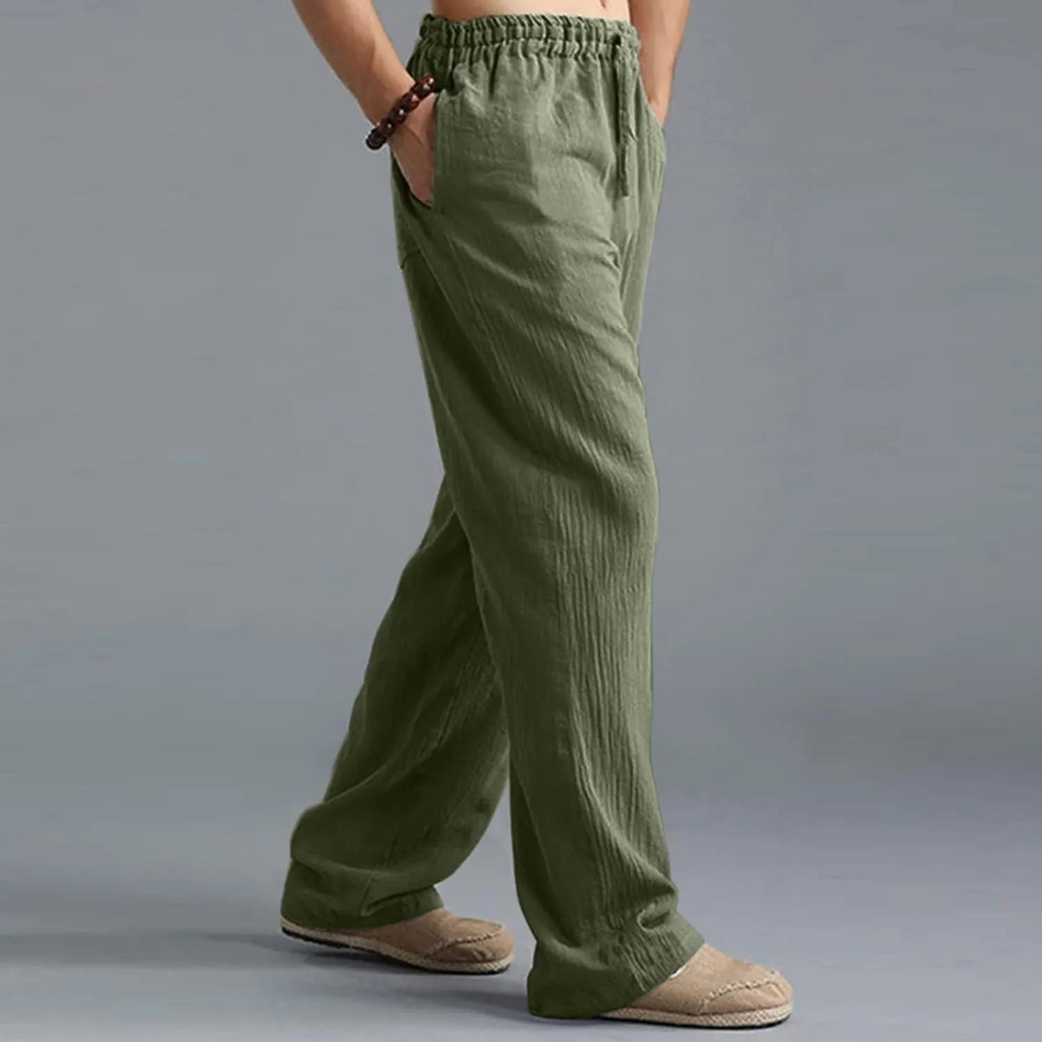 Linen Pants for Men, Mens Casual Pants Lightweight Drawstring Summer Beach Pants Elastic Waist Linen Pants
