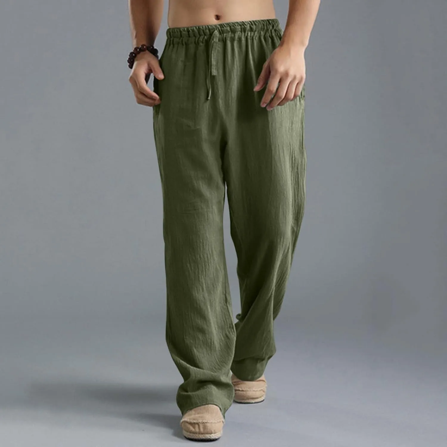 Linen Pants for Men, Mens Casual Pants Lightweight Drawstring Summer Beach Pants Elastic Waist Linen Pants