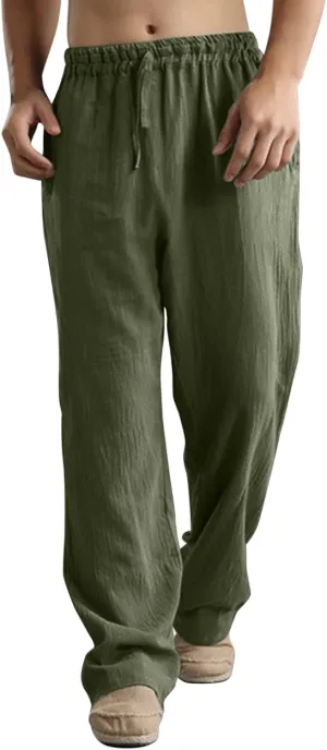 Linen Pants for Men, Mens Casual Pants Lightweight Drawstring Summer Beach Pants Elastic Waist Linen Pants