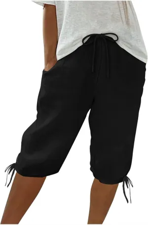 Linen Shorts for Women 2025 Knee Length Summer Shorts Drawstring High Waisted Bermuda Shorts Casual Shorts Pockets