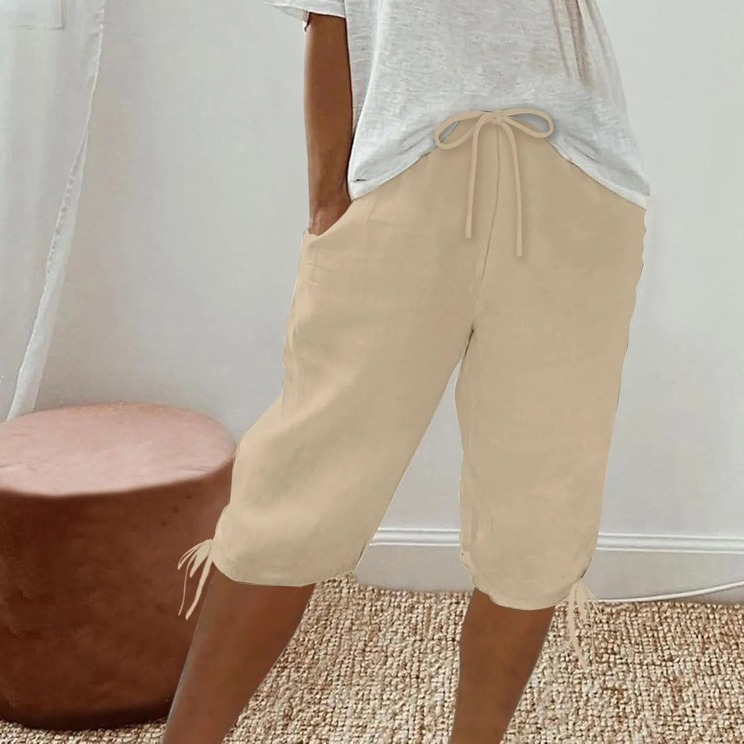 Linen Shorts for Women 2025 Knee Length Summer Shorts Drawstring High Waisted Bermuda Shorts Casual Shorts Pockets