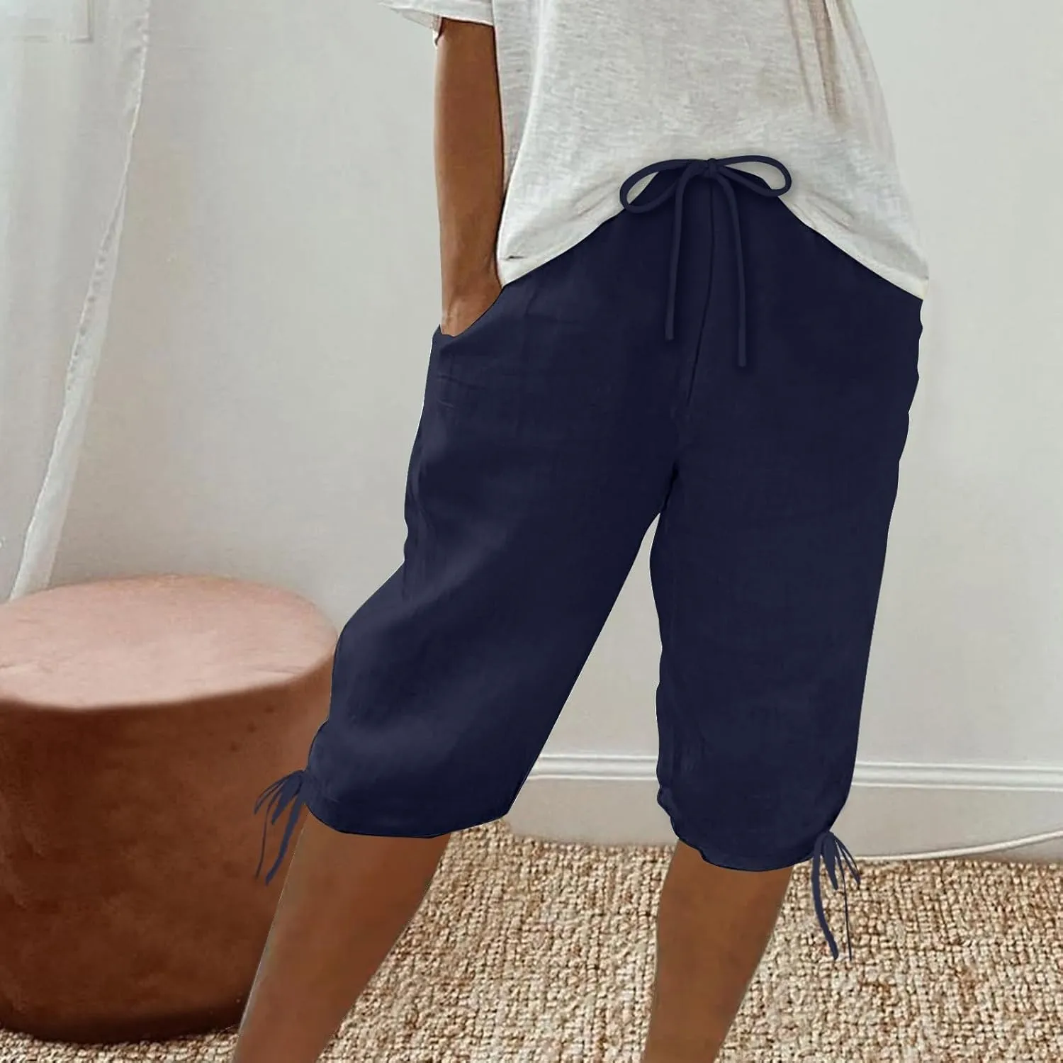 Linen Shorts for Women 2025 Knee Length Summer Shorts Drawstring High Waisted Bermuda Shorts Casual Shorts Pockets