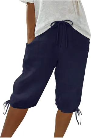 Linen Shorts for Women 2025 Knee Length Summer Shorts Drawstring High Waisted Bermuda Shorts Casual Shorts Pockets