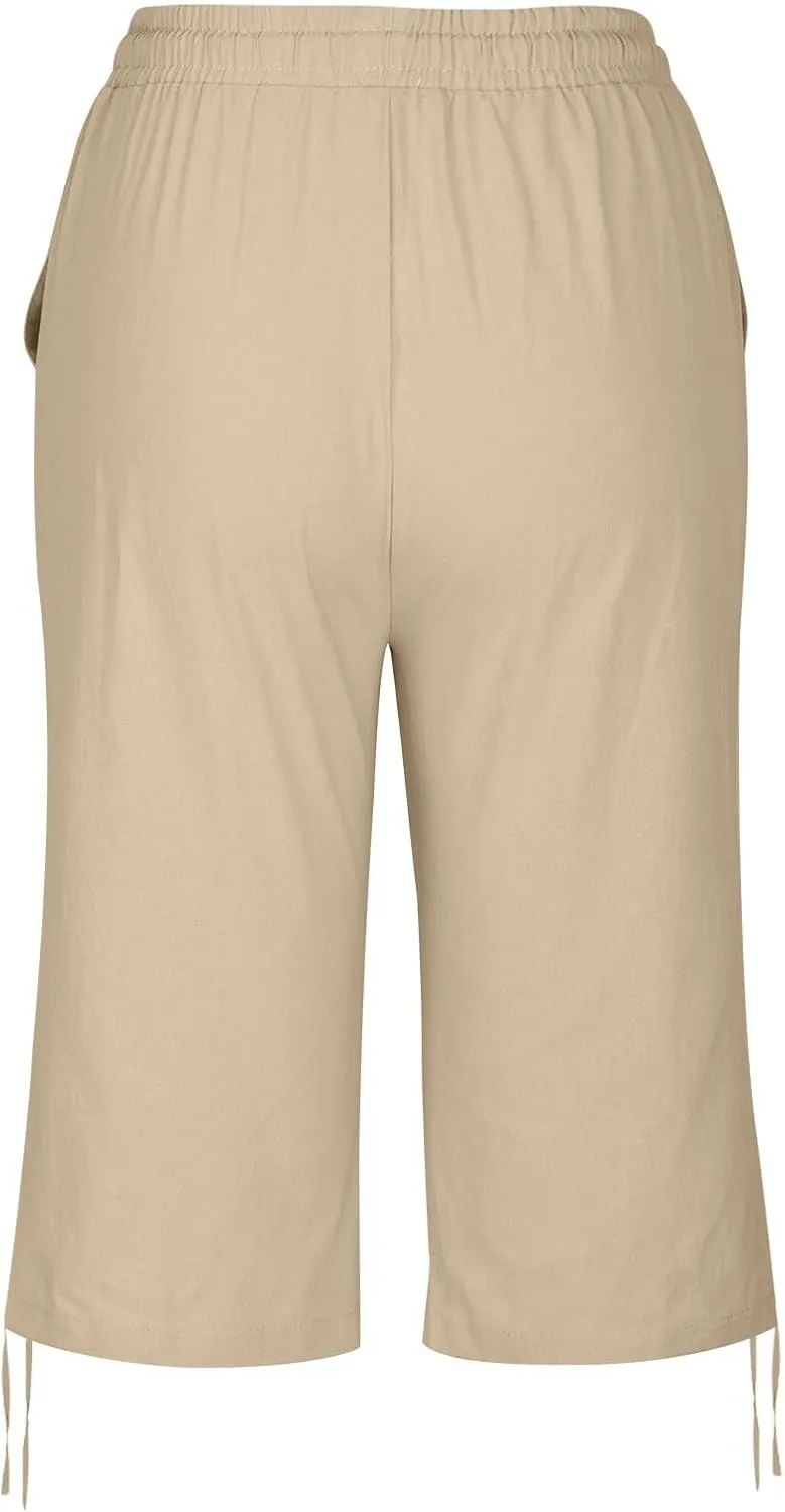 Linen Shorts for Women 2025 Knee Length Summer Shorts Drawstring High Waisted Bermuda Shorts Casual Shorts Pockets