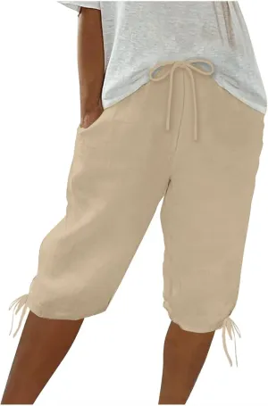 Linen Shorts for Women 2025 Knee Length Summer Shorts Drawstring High Waisted Bermuda Shorts Casual Shorts Pockets