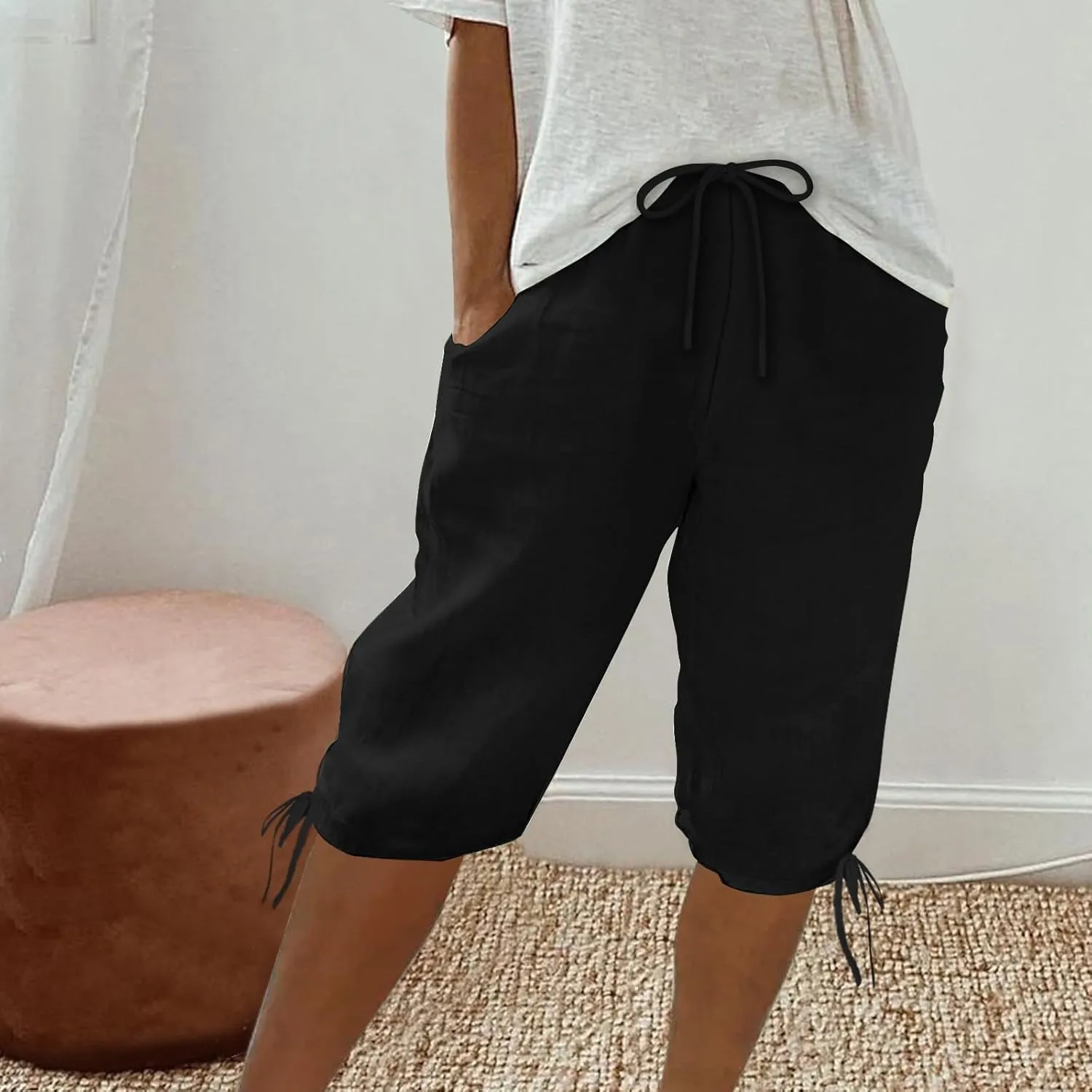 Linen Shorts for Women 2025 Knee Length Summer Shorts Drawstring High Waisted Bermuda Shorts Casual Shorts Pockets