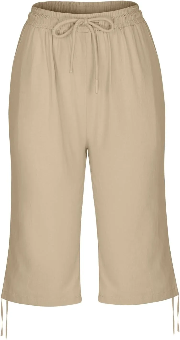 Linen Shorts for Women 2025 Knee Length Summer Shorts Drawstring High Waisted Bermuda Shorts Casual Shorts Pockets