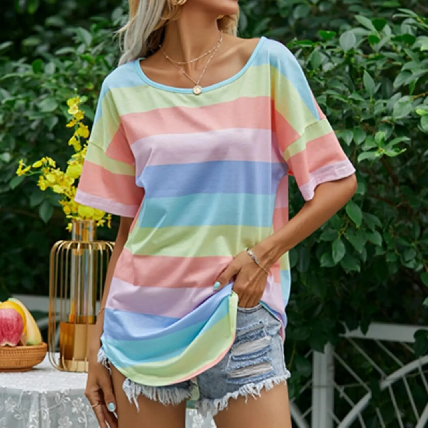 Lu's Chic Women's Short Sleeve T-Shirt Summer Casual Oversized Striped Scoop Neck Side Split Tunic Tops