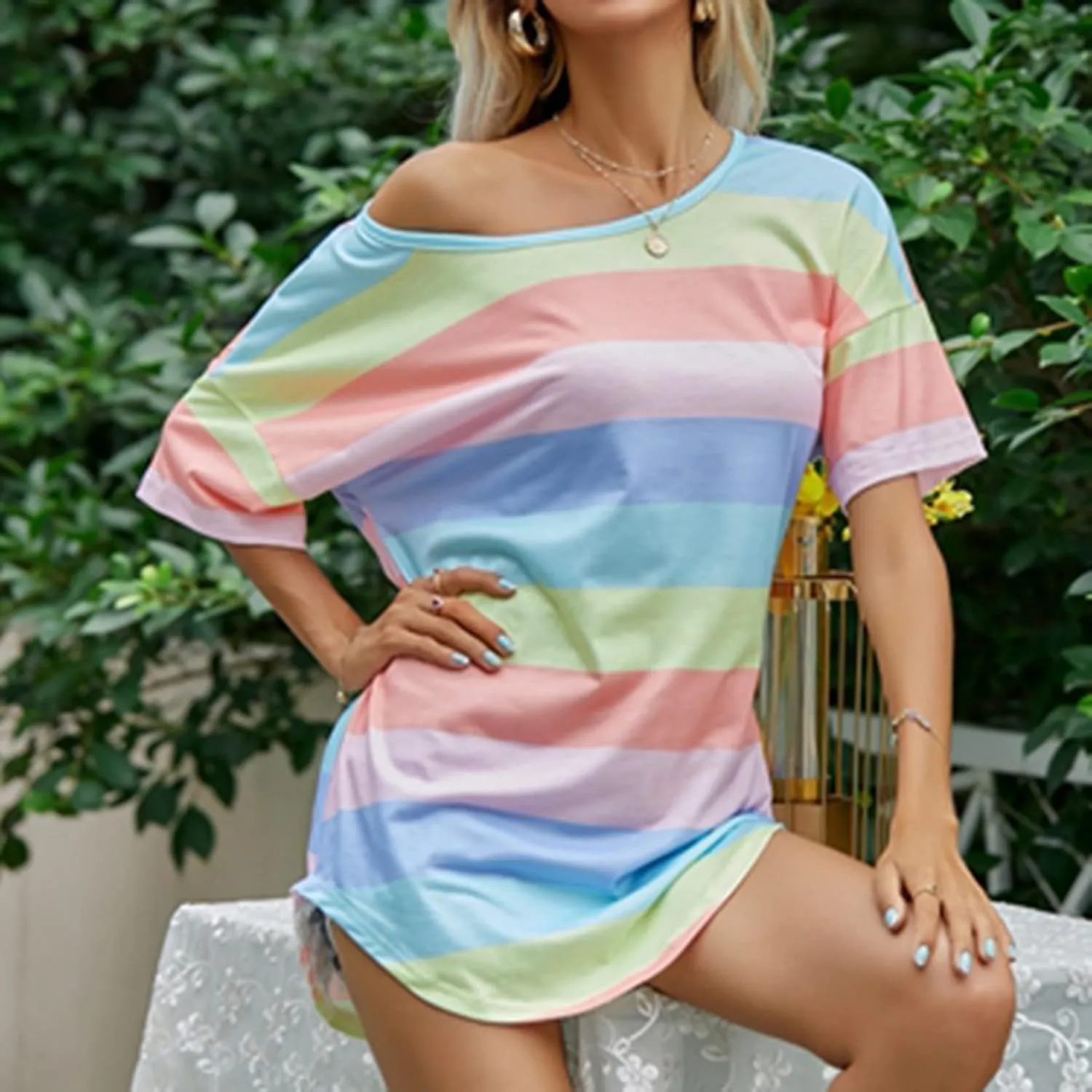 Lu's Chic Women's Short Sleeve T-Shirt Summer Casual Oversized Striped Scoop Neck Side Split Tunic Tops