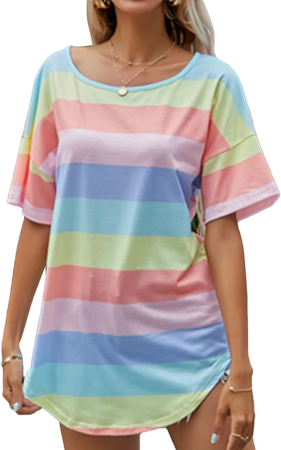 Lu's Chic Women's Short Sleeve T-Shirt Summer Casual Oversized Striped Scoop Neck Side Split Tunic Tops