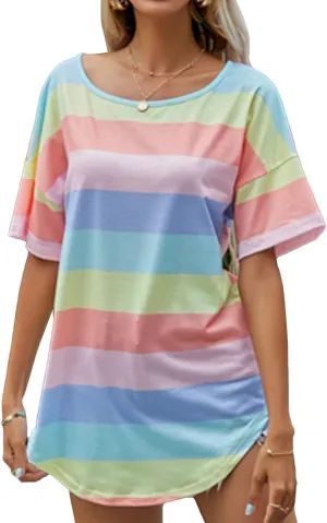 Lu's Chic Women's Short Sleeve T-Shirt Summer Casual Oversized Striped Scoop Neck Side Split Tunic Tops