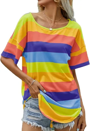 Lu's Chic Women's Short Sleeve T-Shirt Summer Casual Oversized Striped Scoop Neck Side Split Tunic Tops