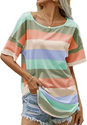 Lu's Chic Women's Short Sleeve T-Shirt Summer Casual Oversized Striped Scoop Neck Side Split Tunic Tops