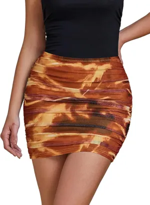 luvamia Mini Skirts for Women Mesh Trendy Printed High Waisted Bodycon Elastic Waist Ruched Stretchy Party Short Skirt