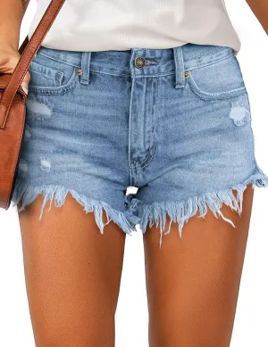 luvamia Women Casual High Waisted Denim Shorts Frayed Raw Hem Ripped Jeans Shorts