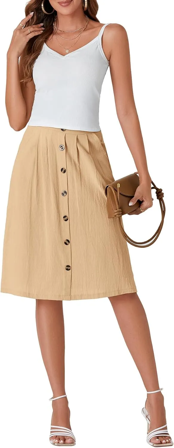 LYANER Women's Button Front Hight Waist A-line Loose Midi Skirt with Side Pocket