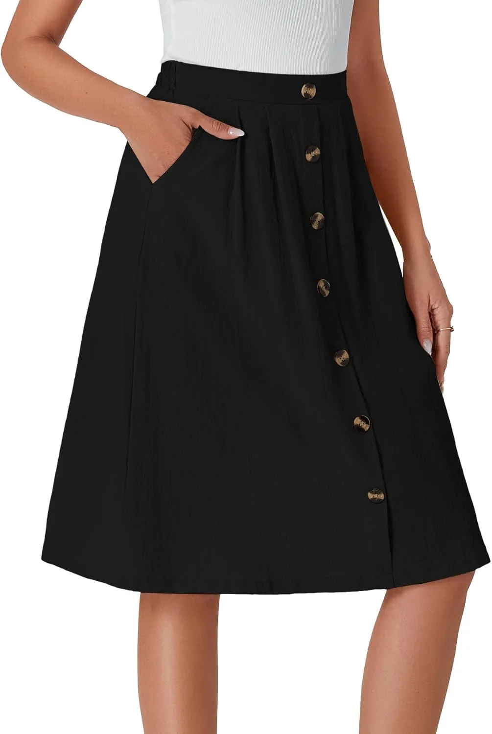 LYANER Women's Button Front Hight Waist A-line Loose Midi Skirt with Side Pocket