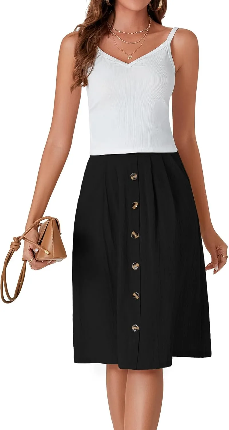 LYANER Women's Button Front Hight Waist A-line Loose Midi Skirt with Side Pocket