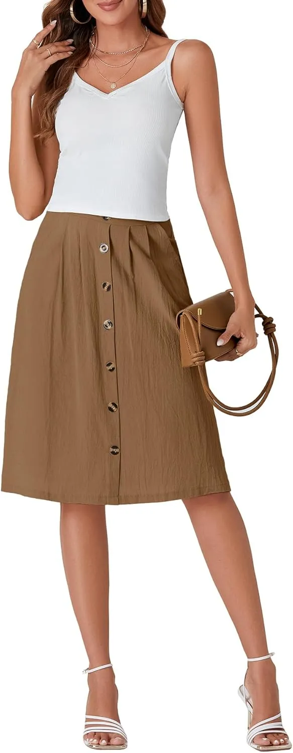 LYANER Women's Button Front Hight Waist A-line Loose Midi Skirt with Side Pocket