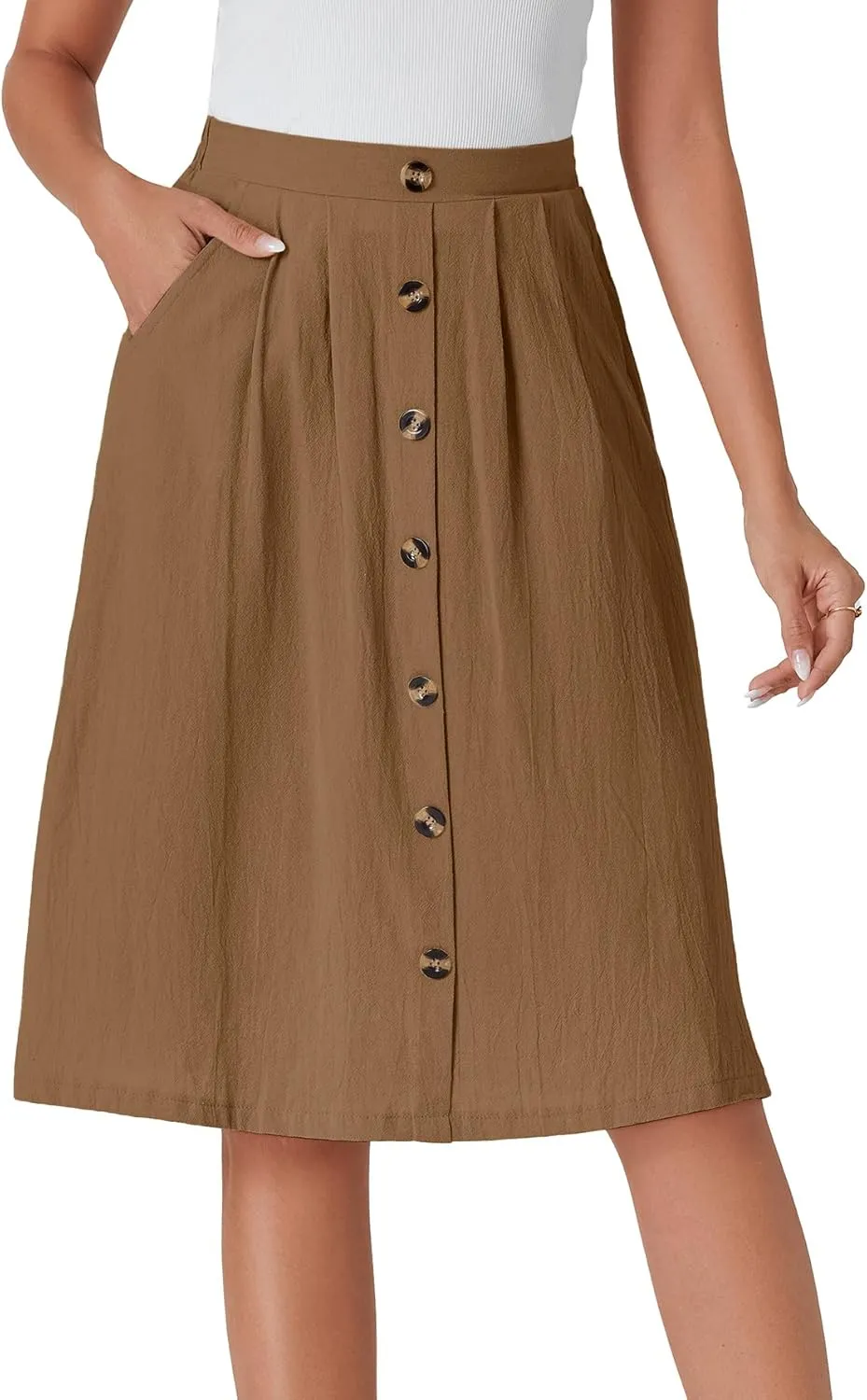 LYANER Women's Button Front Hight Waist A-line Loose Midi Skirt with Side Pocket