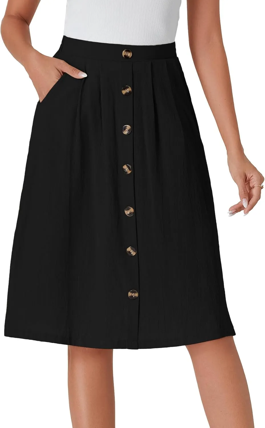 LYANER Women's Button Front Hight Waist A-line Loose Midi Skirt with Side Pocket