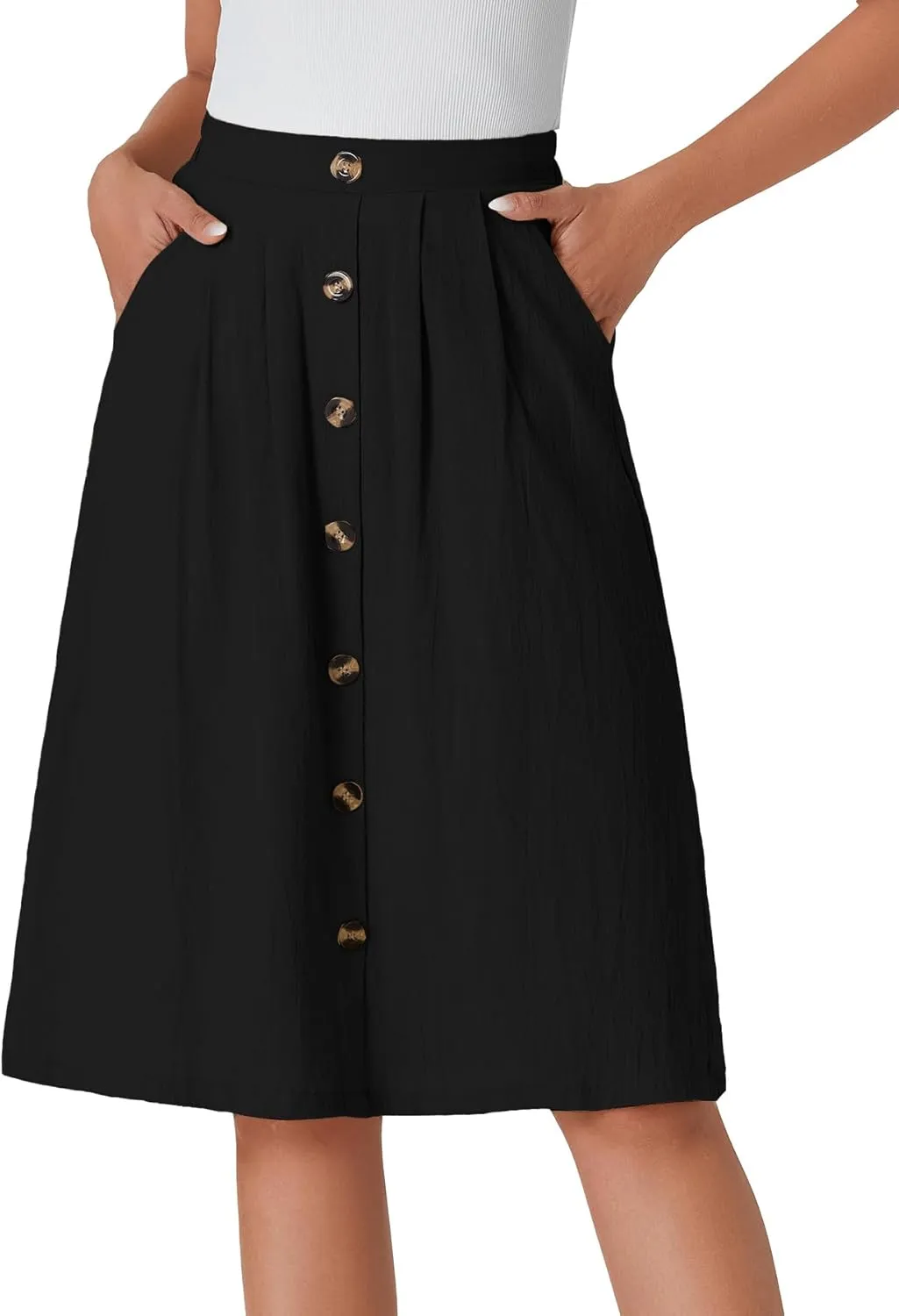 LYANER Women's Button Front Hight Waist A-line Loose Midi Skirt with Side Pocket