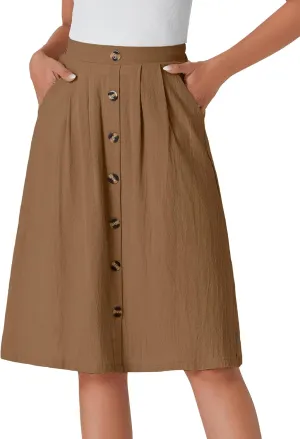 LYANER Women's Button Front Hight Waist A-line Loose Midi Skirt with Side Pocket