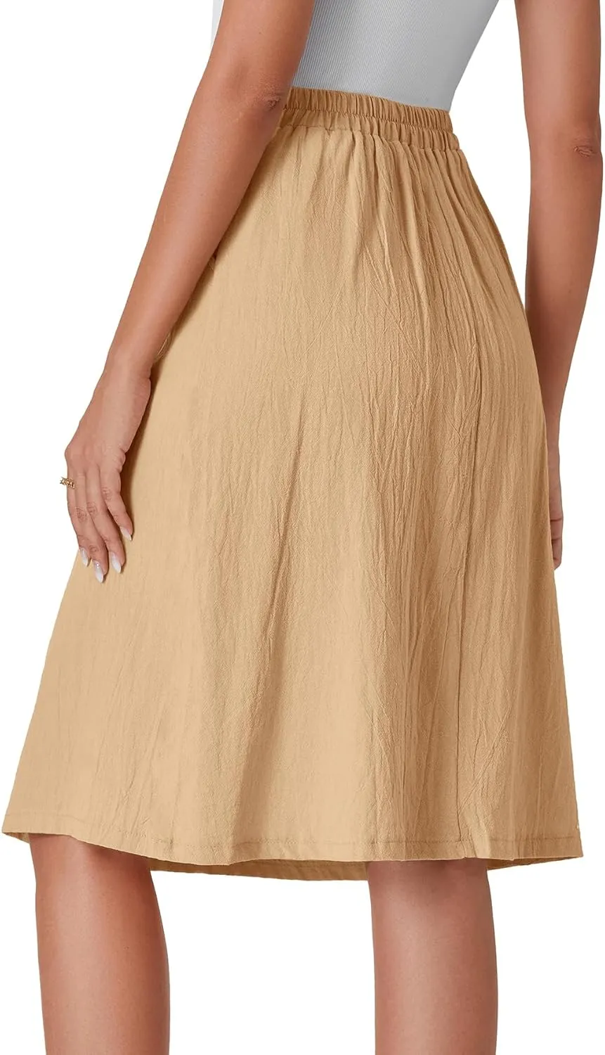LYANER Women's Button Front Hight Waist A-line Loose Midi Skirt with Side Pocket