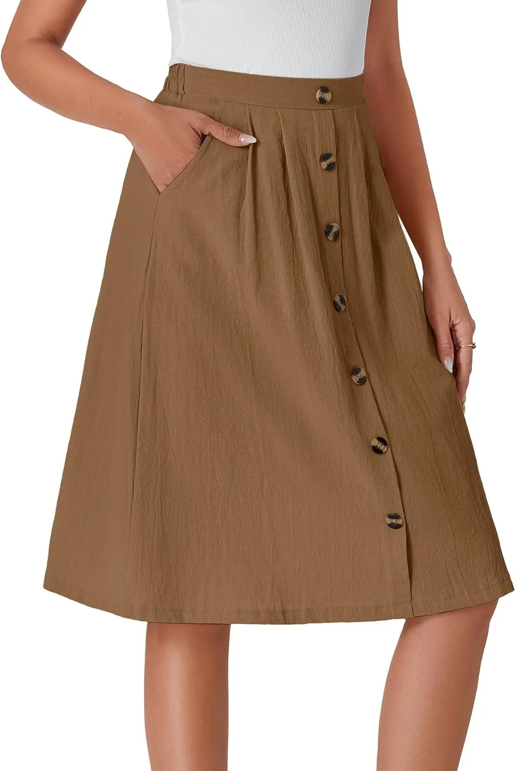 LYANER Women's Button Front Hight Waist A-line Loose Midi Skirt with Side Pocket