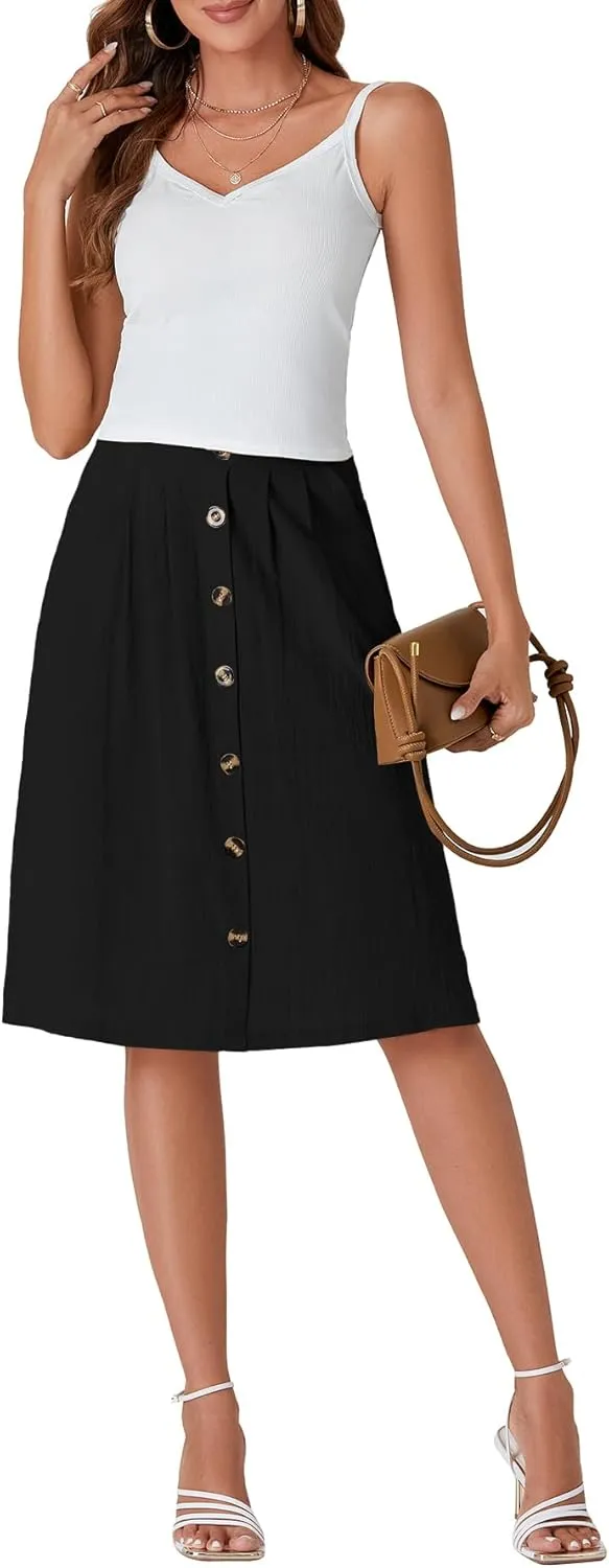 LYANER Women's Button Front Hight Waist A-line Loose Midi Skirt with Side Pocket