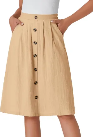 LYANER Women's Button Front Hight Waist A-line Loose Midi Skirt with Side Pocket