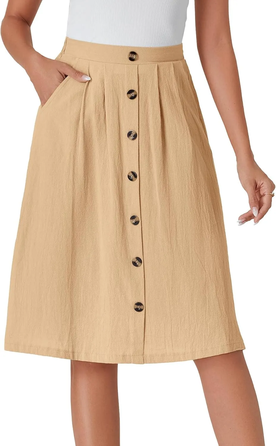 LYANER Women's Button Front Hight Waist A-line Loose Midi Skirt with Side Pocket