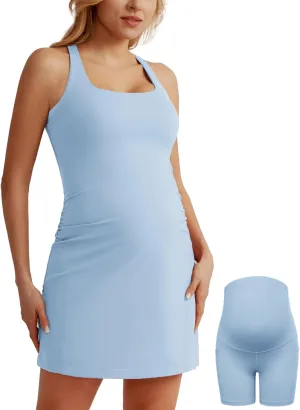 Maacie Maternity Tennis Dress with Shorts and Built in Bra Scoop Neck Sleeveless A-line Workout Golf Dress with Pockets