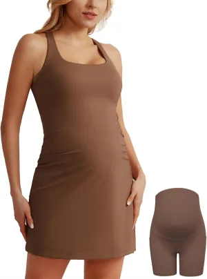 Maacie Maternity Tennis Dress with Shorts and Built in Bra Scoop Neck Sleeveless A-line Workout Golf Dress with Pockets