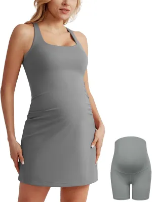 Maacie Maternity Tennis Dress with Shorts and Built in Bra Scoop Neck Sleeveless A-line Workout Golf Dress with Pockets