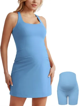 Maacie Maternity Tennis Dress with Shorts and Built in Bra Scoop Neck Sleeveless A-line Workout Golf Dress with Pockets