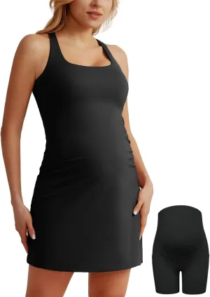 Maacie Maternity Tennis Dress with Shorts and Built in Bra Scoop Neck Sleeveless A-line Workout Golf Dress with Pockets