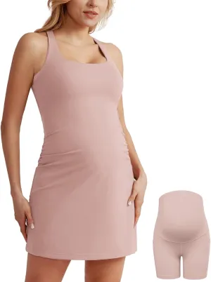 Maacie Maternity Tennis Dress with Shorts and Built in Bra Scoop Neck Sleeveless A-line Workout Golf Dress with Pockets